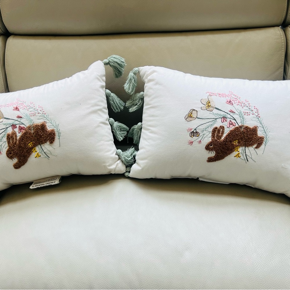 Embroidered White and Brown Throw Pillows